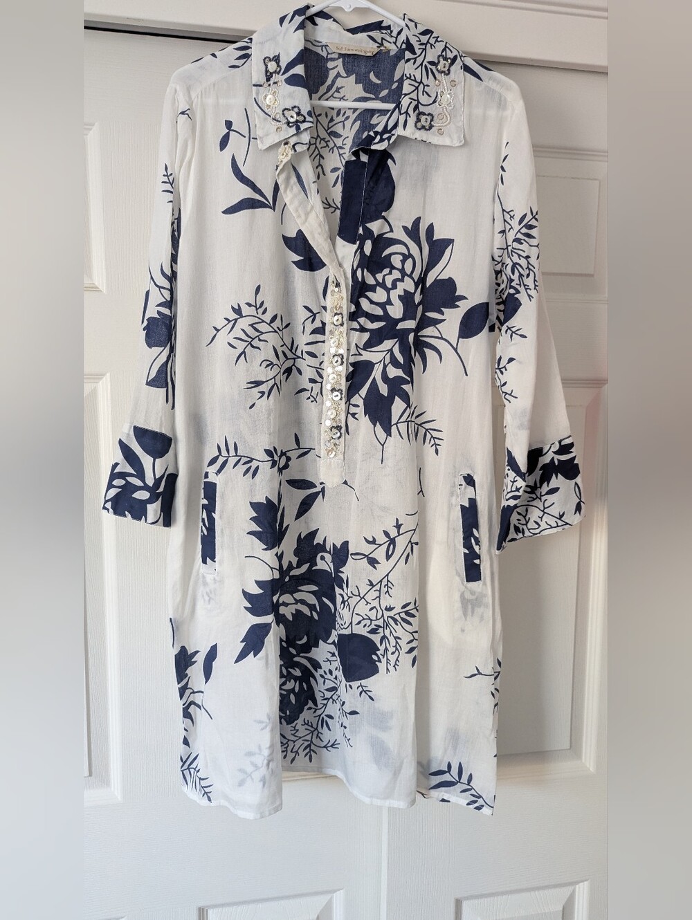 Soft Surroundings Embroidered Navy Floral Tunic Top | Boho Button Front